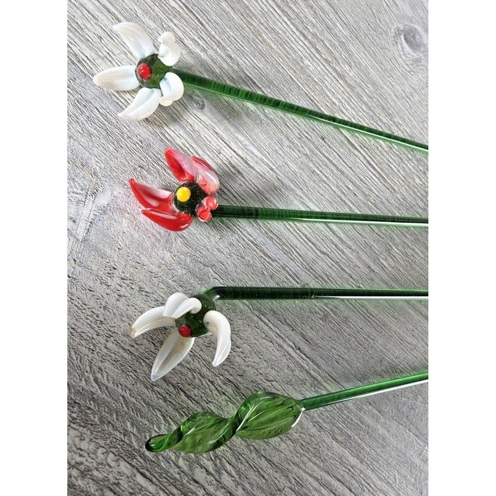 Vtg 4 Hand Blown Glass Swizzle Cocktail Stirring Sticks Flowers Red White Green